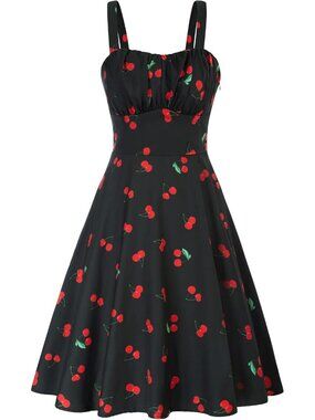 Women's Black Cherry Vintage A-Line Midi Cocktail Dress Spaghetti Strap